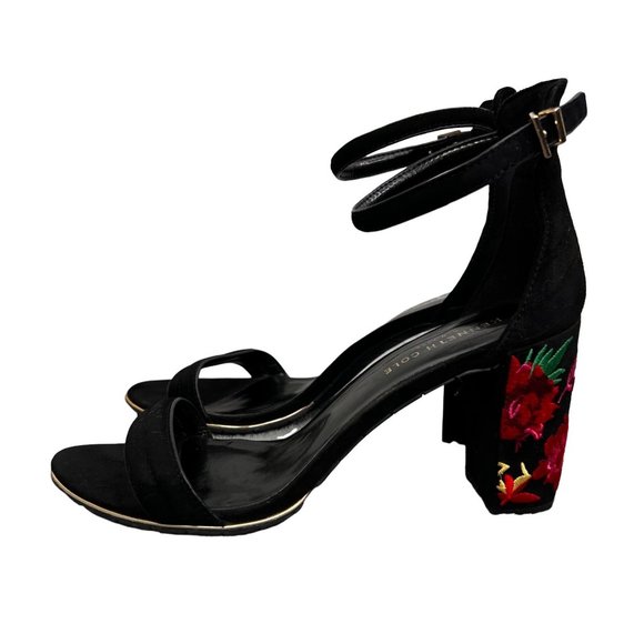 Kenneth Cole Lisa Black Suede Heels Sandals size 9 Embroidered Floral Chunky - Picture 1 of 10